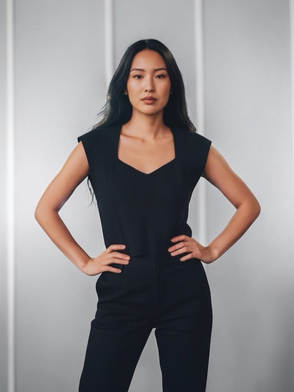 LNA Black Ribbed Knit V-Neck Sweater